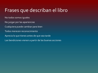 No todos somos iguales
No juzgar por las apariencias
Cualquiera puede cambiar para bien
Todos merecen reconocimiento
Aprecia lo que tienes antes de que sea tarde
Las bendiciones vienen a partir de las buenas acciones
Frases que describan el libro