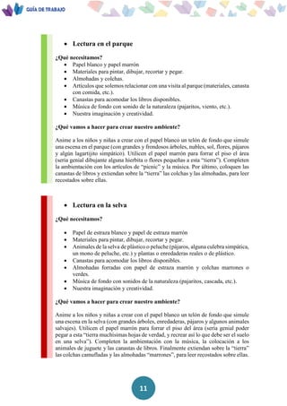 11
 Lectura en el parque
¿Qué necesitamos?
 Papel blanco y papel marrón
 Materiales para pintar, dibujar, recortar y pegar.
 Almohadas y colchas.
 Artículos que solemos relacionar con una visita al parque (materiales, canasta
con comida, etc.).
 Canastas para acomodar los libros disponibles.
 Música de fondo con sonido de la naturaleza (pajaritos, viento, etc.).
 Nuestra imaginación y creatividad.
¿Qué vamos a hacer para crear nuestro ambiente?
Anime a los niños y niñas a crear con el papel blanco un telón de fondo que simule
una escena en el parque (con grandes y frondosos árboles, nubles, sol, flores, pájaros
y algún lagartijito simpático). Utilicen el papel marrón para forrar el piso el área
(seria genial dibujante alguna hierbita o flores pequeñas a esta “tierra”). Completen
la ambientación con los artículos de “picnic” y la música. Por último, coloquen las
canastas de libros y extiendan sobre la “tierra” las colchas y las almohadas, para leer
recostados sobre ellas.
 Lectura en la selva
¿Qué necesitamos?
 Papel de estraza blanco y papel de estraza marrón
 Materiales para pintar, dibujar, recortar y pegar.
 Animales de la selva de plástico o peluche (pájaros, alguna culebra simpática,
un mono de peluche, etc.) y plantas o enredaderas reales o de plástico.
 Canastas para acomodar los libros disponibles.
 Almohadas forradas con papel de estraza marrón y colchas marrones o
verdes.
 Música de fondo con sonidos de la naturaleza (pajaritos, cascada, etc.).
 Nuestra imaginación y creatividad.
¿Qué vamos a hacer para crear nuestro ambiente?
Anime a los niños y niñas a crear con el papel blanco un telón de fondo que simule
una escena en la selva (con grandes árboles, enredaderas, pájaros y algunos animales
salvajes). Utilicen el papel marrón para forrar el piso del área (sería genial poder
pegar a esta “tierra muchísimas hojas de verdad, y recrear así lo que debe ser el suelo
en una selva”). Completen la ambientación con la música, la colocación a los
animales de juguete y las canastas de libros. Finalmente extiendan sobre la “tierra”
las colchas camufladas y las almohadas “marrones”, para leer recostados sobre ellas.
 