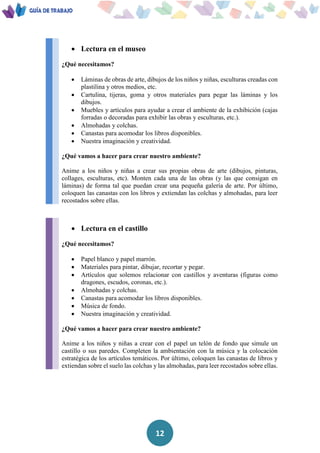 12
 Lectura en el museo
¿Qué necesitamos?
 Láminas de obras de arte, dibujos de los niños y niñas, esculturas creadas con
plastilina y otros medios, etc.
 Cartulina, tijeras, goma y otros materiales para pegar las láminas y los
dibujos.
 Muebles y artículos para ayudar a crear el ambiente de la exhibición (cajas
forradas o decoradas para exhibir las obras y esculturas, etc.).
 Almohadas y colchas.
 Canastas para acomodar los libros disponibles.
 Nuestra imaginación y creatividad.
¿Qué vamos a hacer para crear nuestro ambiente?
Anime a los niños y niñas a crear sus propias obras de arte (dibujos, pinturas,
collages, esculturas, etc). Monten cada una de las obras (y las que consigan en
láminas) de forma tal que puedan crear una pequeña galería de arte. Por último,
coloquen las canastas con los libros y extiendan las colchas y almohadas, para leer
recostados sobre ellas.
 Lectura en el castillo
¿Qué necesitamos?
 Papel blanco y papel marrón.
 Materiales para pintar, dibujar, recortar y pegar.
 Artículos que solemos relacionar con castillos y aventuras (figuras como
dragones, escudos, coronas, etc.).
 Almohadas y colchas.
 Canastas para acomodar los libros disponibles.
 Música de fondo.
 Nuestra imaginación y creatividad.
¿Qué vamos a hacer para crear nuestro ambiente?
Anime a los niños y niñas a crear con el papel un telón de fondo que simule un
castillo o sus paredes. Completen la ambientación con la música y la colocación
estratégica de los artículos temáticos. Por último, coloquen las canastas de libros y
extiendan sobre el suelo las colchas y las almohadas, para leer recostados sobre ellas.
 