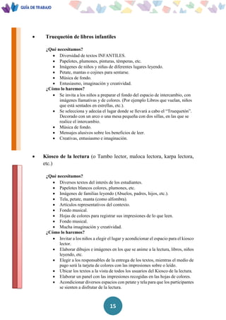 15
 Truequetón de libros infantiles
¿Qué necesitamos?
 Diversidad de textos INFANTILES.
 Papelotes, plumones, pinturas, témperas, etc.
 Imágenes de niños y niñas de diferentes lugares leyendo.
 Petate, mantas o cojines para sentarse.
 Música de fondo.
 Entusiasmo, imaginación y creatividad.
¿Cómo lo haremos?
 Se invita a los niños a preparar el fondo del espacio de intercambio, con
imágenes llamativas y de colores. (Por ejemplo Libros que vuelan, niños
que está sentados en estrellas, etc.).
 Se selecciona y adecúa el lugar donde se llevará a cabo el “Truequetón”.
Decorado con un arco o una mesa pequeña con dos sillas, en las que se
realice el intercambio.
 Música de fondo.
 Mensajes alusivos sobre los beneficios de leer.
 Creativas, entusiasmo e imaginación.
 Kiosco de la lectura (o Tambo lector, maloca lectora, karpa lectora,
etc.)
¿Qué necesitamos?
 Diversos textos del interés de los estudiantes.
 Papelotes blancos colores, plumones, etc.
 Imágenes de familias leyendo (Abuelos, padres, hijos, etc.).
 Tela, petate, manta (como alfombra).
 Artículos representativos del contexto.
 Fondo musical.
 Hojas de colores para registrar sus impresiones de lo que leen.
 Fondo musical.
 Mucha imaginación y creatividad.
¿Cómo lo haremos?
 Invitar a los niños a elegir el lugar y acondicionar el espacio para el kiosco
lector.
 Elaborar dibujos e imágenes en los que se anime a la lectura, libros, niños
leyendo, etc.
 Elegir a los responsables de la entrega de los textos, mientras el medio de
pago será la tarjeta de colores con las impresiones sobre o leído.
 Ubicar los textos a la vista de todos los usuarios del Kiosco de la lectura.
 Elaborar un panel con las impresiones recogidas en las hojas de colores.
 Acondicionar diversos espacios con petate y tela para que los participantes
se sienten a disfrutar de la lectura.
 