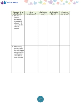 27
Elemento de la
planificación
¿Qué
necesitamos?
¿Qué tareas
hacer?
¿Quiénes las
harán?
¿Cómo van
esas tareas?
6. Diseñar y
crear la
decoración
temática (si
alguna) y el
contenido del
área de
lectura.
7. Planificar y
llevar a cabo
las actividades
de motivación
que haremos
antes del día
de la Maratón.
 