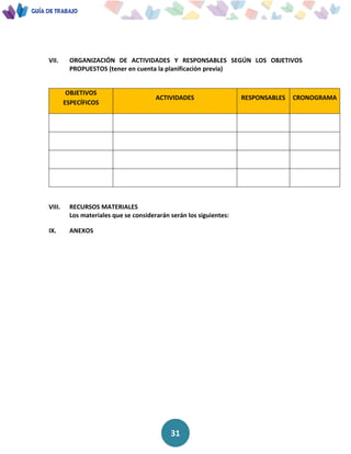 31
VII. ORGANIZACIÓN DE ACTIVIDADES Y RESPONSABLES SEGÚN LOS OBJETIVOS
PROPUESTOS (tener en cuenta la planificación previa)
OBJETIVOS
ESPECÍFICOS
ACTIVIDADES RESPONSABLES CRONOGRAMA
VIII. RECURSOS MATERIALES
Los materiales que se considerarán serán los siguientes:
IX. ANEXOS
 
