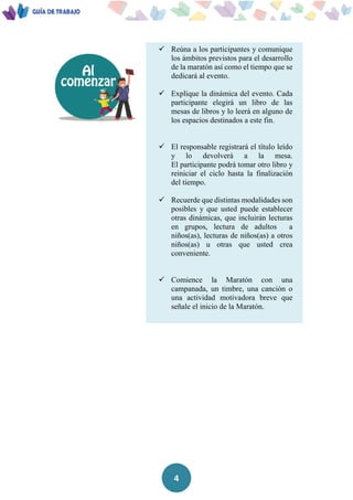 4
 Reúna a los participantes y comunique
los ámbitos previstos para el desarrollo
de la maratón así como el tiempo que se
dedicará al evento.
 Explique la dinámica del evento. Cada
participante elegirá un libro de las
mesas de libros y lo leerá en alguno de
los espacios destinados a este fin.
 El responsable registrará el título leído
y lo devolverá a la mesa.
El participante podrá tomar otro libro y
reiniciar el ciclo hasta la finalización
del tiempo.
 Recuerde que distintas modalidades son
posibles y que usted puede establecer
otras dinámicas, que incluirán lecturas
en grupos, lectura de adultos a
niños(as), lecturas de niños(as) a otros
niños(as) u otras que usted crea
conveniente.
 Comience la Maratón con una
campanada, un timbre, una canción o
una actividad motivadora breve que
señale el inicio de la Maratón.
 