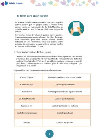 7
B. Ideas para crear cuentos
La Maratón de la lectura es un espacio ideal para compartir
cuentos escritos por los propios niños y jóvenes. Estos
cuentos pueden ser escritos antes del día de la Maratón o su
creación puede ser una de las actividades que integren la
jornada.
Hay muchas formas divertidas de generar nuevos cuentos.
A continuación presentamos algunas de ellas. Recuerde,
estas actividades para crear nuevos cuentos pueden
trabajarse en dos momentos; antes del evento, como
actividad de motivación y preparación, o también pueden
ser parte de su Maratón de Lectura.
 Crear nuevas versiones de viejos cuentos
Anime a sus estudiantes a reescribir viejas historias desde el punto de vista de otros
personajes. Éste es el secreto del éxito del libro ¡La verdadera historia de los tres
cerditos! (Jon Scieszka, 1996), en el que el lobo cuenta su versión de lo que allí
pasó. Lean y comenten primero la versión original de cada cuento y después… ¡La
imaginación es el límite!
Algunas ideas para estos nuevos cuentos son las siguientes:
Cuento Original Quiénes lo podrían contar en esta versión
Caperucita Roja Contado por el lobo feroz
Blancanieves Contado por la madrastra o por un enanito
La Bella Durmiente Contado por la hada mala
Ricitos de oro Contado por mamá oso o el osito
Las habichuelas mágicas Contado por el ogro
Pinocho Contado por pinocho
 