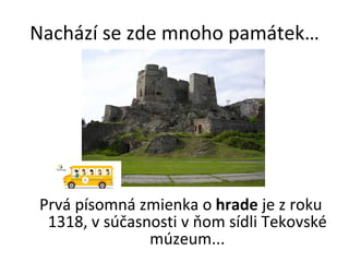 Nachází se zde mnoho památek… Prvá písomná zmienka o  hrade  je z roku 1318, v súčasnosti v ňom sídli Tekovské múzeum... 