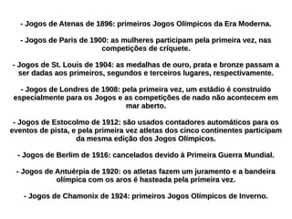 - Jogos de Atenas de 1896: primeiros Jogos Olímpicos da Era Moderna.- Jogos de Atenas de 1896: primeiros Jogos Olímpicos da Era Moderna.
- Jogos de Paris de 1900: as mulheres participam pela primeira vez, nas- Jogos de Paris de 1900: as mulheres participam pela primeira vez, nas
competições de críquete.competições de críquete.
- Jogos de St. Louis de 1904: as medalhas de ouro, prata e bronze passam a- Jogos de St. Louis de 1904: as medalhas de ouro, prata e bronze passam a
ser dadas aos primeiros, segundos e terceiros lugares, respectivamente.ser dadas aos primeiros, segundos e terceiros lugares, respectivamente.
- Jogos de Londres de 1908: pela primeira vez, um estádio é construído- Jogos de Londres de 1908: pela primeira vez, um estádio é construído
especialmente para os Jogos e as competições de nado não acontecem emespecialmente para os Jogos e as competições de nado não acontecem em
mar aberto.mar aberto.
- Jogos de Estocolmo de 1912: são usados contadores automáticos para os- Jogos de Estocolmo de 1912: são usados contadores automáticos para os
eventos de pista, e pela primeira vez atletas dos cinco continentes participameventos de pista, e pela primeira vez atletas dos cinco continentes participam
da mesma edição dos Jogos Olímpicos.da mesma edição dos Jogos Olímpicos.
- Jogos de Berlim de 1916: cancelados devido à Primeira Guerra Mundial.- Jogos de Berlim de 1916: cancelados devido à Primeira Guerra Mundial.
- Jogos de Antuérpia de 1920: os atletas fazem um juramento e a bandeira- Jogos de Antuérpia de 1920: os atletas fazem um juramento e a bandeira
olímpica com os aros é hasteada pela primeira vez.olímpica com os aros é hasteada pela primeira vez.
- Jogos de Chamonix de 1924: primeiros Jogos Olímpicos de Inverno.- Jogos de Chamonix de 1924: primeiros Jogos Olímpicos de Inverno.
 