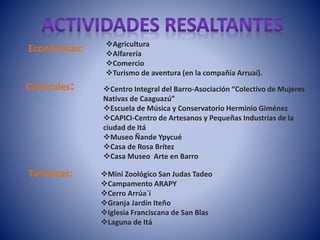 Económicas: 
Culturales: 
Agricultura 
Alfarería 
Comercio 
Turismo de aventura (en la compañía Arruaí). 
Centro Integral del Barro-Asociación “Colectivo de Mujeres 
Nativas de Caaguazú” 
Escuela de Música y Conservatorio Herminio Giménez 
CAPICI-Centro de Artesanos y Pequeñas Industrias de la 
ciudad de Itá 
Museo Ñande Ypycué 
Casa de Rosa Brítez 
Casa Museo Arte en Barro 
Turísticas: Mini Zoológico San Judas Tadeo 
Campamento ARAPY 
Cerro Arrúa`i 
Granja Jardín Iteño 
Iglesia Franciscana de San Blas 
Laguna de Itá 
 