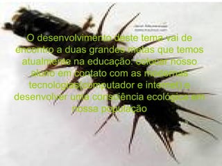 O desenvolvimento deste tema vai de encontro a duas grandes metas que temos atualmente na educação: colocar nosso aluno em contato com as modernas tecnologias(computador e internet) e desenvolver uma consciência ecológica em nossa população 