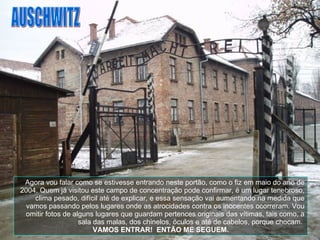 Agora vou falar como se estivesse entrando neste portão, como o fiz em maio do ano de 2004. Quem já visitou este campo de concentração pode confirmar, é um lugar tenebroso, clima pesado, difícil até de explicar, e essa sensação vai aumentando na medida que vamos passando pelos lugares onde as atrocidades contra os inocentes ocorreram. Vou omitir fotos de alguns lugares que guardam pertences originais das vítimas, tais como, a sala das malas, dos chinelos, óculos e até de cabelos, porque chocam.  VAMOS ENTRAR!  ENTÃO ME SEGUEM. AUSCHWITZ 