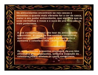 Os antioxidantes encontram-se nas cascas e
sementes e quanto mais vibrante for a cor da casca,
maior o seu poder antioxidante, que significa que as
uvas vermelhas e roxas e o suco de uva roxa são os
mais poderosos.



A uva vermelha possui alto teor de antioxidante
quercetina. A casca de uva contém resveratrol,
que comprovadamente inibe o agrupamento e
aumenta o colasterol HDL (bom colesterol).



Os antioxidantes presentes nos sucos de uva têm
atividades anticoagulantes, inibem a oxidação do
colasterol HDL e dilatam os vasos sangüíneos.
 