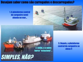 1. A plataforma central do cargueiro semi-afunda no mar… 2. Então, o o outro barco “estaciona”… 3. Depois, a plataforma central do cargueiro se eleva !! SIMPLES, NÃO? Desejam saber como são carregados e descarregados? 