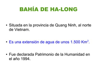 BAHÍA DE HA-LONG

●   Situada en la provincia de Quang Ninh, al norte
    de Vietnam.

                                                2
●
    Es una extensión de agua de unos 1.500 Km .

●   Fue declarada Patrimonio de la Humanidad en
    el año 1994.
 