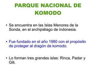PARQUE NACIONAL DE
            KOMODO

●   Se encuentra en las Islas Menores de la
    Sonda, en el archipiélago de indonesia.

●   Fue fundado en el año 1980 con el propósito
    de proteger al dragón de komodo.

●   Lo forman tres grandes islas: Rinca, Padar y
    Gili.
 