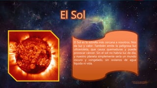 El Sol es la estrella más cercana a nosotros. Nos
da luz y calor. También emite la peligrosa luz
ultravioleta, que causa quemaduras y puede
provocar cáncer. Sin el sol no habría luz de día,
y nuestro planeta simplemente sería un mundo
oscuro y congelado, sin océanos de agua
líquida ni vida.
 