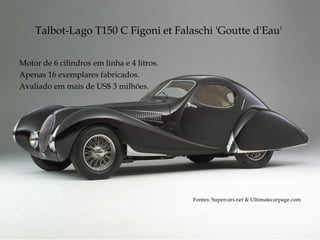 Talbot-Lago T150 C Figoni et Falaschi  'Goutte d'Eau'  Motor de 6 cilindros em linha e 4 litros. Apenas 16 exemplares fabricados. Avaliado em mais de US$ 3 milhões. Fontes: Supercars.net & Ultimatecarpage.com 