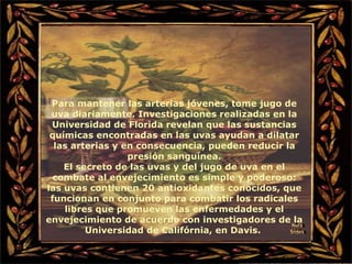 Para mantener las arterias jóvenes, tome jugo de uva diariamente. Investigaciones realizadas en la Universidad de Florida revelan que las sustancias químicas encontradas en las uvas ayudan a dilatar las arterias y en consecuencia, pueden reducir la presión sanguínea. El secreto de las uvas y del jugo de uva en el combate al envejecimiento es simple y poderoso: las uvas contienen 20 antioxidantes conocidos, que funcionan en conjunto para combatir los radicales libres que promueven las enfermedades y el envejecimiento de acuerdo con investigadores de la Universidad de Califórnia, en Davis.   Nura Slides 