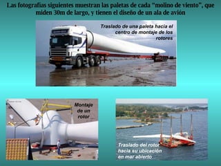 Las fotografías siguientes muestran las paletas de cada “molino de viento”, que miden 30m de largo, y tienen el diseño de un ala de avión Traslado de una paleta hacia el centro de montaje de los rotores Montaje de un rotor Traslado del rotor hacia su ubicación en mar abierto 