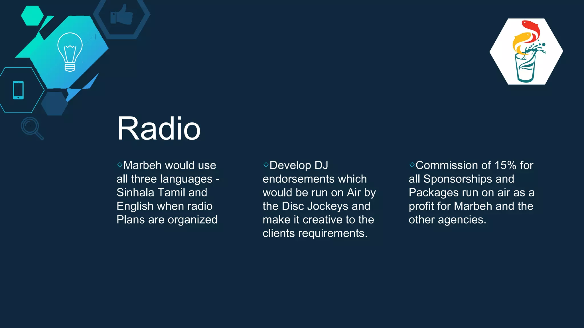Radio
◇Marbeh would use
all three languages -
Sinhala Tamil and
English when radio
Plans are organized
◇Develop DJ
endorsements which
would be run on Air by
the Disc Jockeys and
make it creative to the
clients requirements.
◇Commission of 15% for
all Sponsorships and
Packages run on air as a
profit for Marbeh and the
other agencies.
 