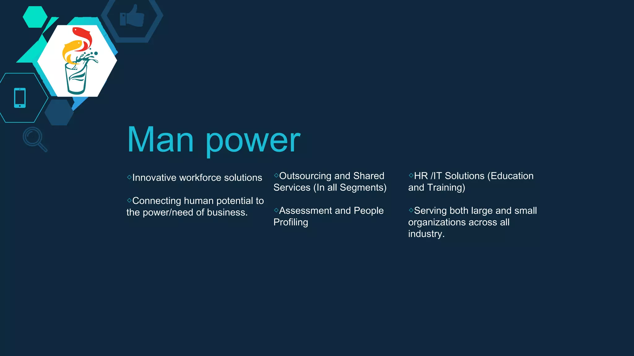 Man power
◇Innovative workforce solutions
◇Connecting human potential to
the power/need of business.  
◇Outsourcing and Shared
Services (In all Segments)
◇Assessment and People
Profiling
◇HR /IT Solutions (Education
and Training)
◇Serving both large and small
organizations across all
industry.
 