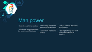 Man power
◇Innovative workforce solutions
◇Connecting human potential to
the power/need of business.  
◇Outsourcing and Shared
Services (In all Segments)
◇Assessment and People
Profiling
◇HR /IT Solutions (Education
and Training)
◇Serving both large and small
organizations across all
industry.
 