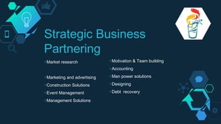 Strategic Business
Partnering
◇Market research
◇Marketing and advertising
◇Construction Solutions
◇Event Management
◇Management Solutions
◇Motivation & Team building
◇Accounting
◇Man power solutions
◇Designing
◇Debt recovery
 