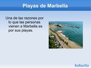 Playas de Marbella Una de las razones por lo que las personas vienen a Marbella es por sus playas.