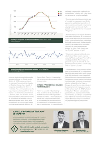 Llegada de pasajeros por vuelo (‘000s)

han dado cuenta de que el mercado ha
tocado fondo,” comenta el Sr. Lahiri, director de ventas de Lucas Fox Marbella.
“Creemos que todos los datos indican que
el mercado ha empezado a tocar fondo
y prevemos que habrá un aumento en el
número de transacciones de compraventa
de propiedades con respecto al año
pasado, principalmente en el mercado de
alta gama.”
En

e

Fe

b

Ma

r

Ab

r

Ma

y

Jun

Jul

o
Ag

Se

p

Oc

t

v

No

Di

c

“Pronosticamos que la mayoría del interés
será de los compradores de Escandinavia,
Rusia y norte de Europa y de inversores de
países extracomunitarios que actualmente
están a la espera de que entre en vigor la
nueva ley de residencia. Los principales
mercados de estos clientes pueden
provenir de Rusia, China, India y Asia
Sur-Oriental,” añade el Sr. Lahiri.

Llegadas al aeropuerto de Málaga-Costa del Sol (‘000s): 2011 – 2013
Fuente: Aena.es

“Actualmente estamos registrando unos
20 clientes al día en nuestra empresa
conjunta “Residency In Spain” con la firma
de abogados ECIJA. Prevemos que se
producirá un pico de demanda de compradores extracomunitarios cuando la ley
entre en vigor en Octubre.”
Búsqueda global de propiedades en Marbella, 2011 – Junio 2013
Fuente: Google Trends

embargo, las tendencias de búsquedas
globales realizadas en Google desde
el inicio de 2012 muestran un interés
constante por las propiedades situadas
en Marbella. Aunque hay una caída de
búsquedas realizadas en el último trimestre del año, a principios de cada año
hay un rápido aumento de interés de los
viajeros y los inversores que comienzan
a planificar visitas para el verano. Si bien
la mayoría de búsquedas internacionales
de propiedades de Marbella han sido
realizadas desde el Reino Unido, en la
oficina hemos recibido un fuerte interés
procedente de inversores del norte de

Europa, Rusia, Francia y Escandinavia, y
más recientemente de inversores árabes,
chinos e indios.
ANÁLISIS Y PREDICCIONES DE LUCAS
FOX PARA EL 2013
“Como ha sucedido en España en general, los precios de las propiedades en
Marbella se han reducido significativamente en los últimos 4 años. Este año ha
habido más compradores interesados
en propiedades con precios rebajados,
lo que indica que los vendedores ponen
precios realistas y que los compradores se

“De esta manera, con la finalidad de satisfacer las necesidades de los compradores
de nuevos mercados como China, la India
y del resto del mundo, Lucas Fox está trabajando junto con inversores y promotores
locales para construir nuevas propiedades
sobre plano que atraigan a compradores
de estos países. Como las Property
Lounges de Lucas Fox han sido un éxito en
Barcelona, también inauguraremos una
en Marbella en otoño de 2013,” añade el
Sr. Vaughan. “También estamos trabajando en nuevos proyectos relacionados
con los medios sociales que nos permitirán
estar al frente de nuestros competidores y
seguir ofreciendo un servicio completo a
los propietarios y a los compradores”

SOBRE LOS INFORMES DE MERCADO
DE LUCAS FOX
Si desea recibir los informes de mercado de Lucas Fox
International Properties, subscríbase en nuestra web
o marque como favorito nuestro blog si desea más
información sobre el mercado inmobiliario de Marbella.
Para más información contacte con nosotros
E info@lucasfox.com / T (+34) 933 562 989
www.lucasfox.com

Alexander Vaughan
Socio fundador

Stephen Lahiri

Director Lucas Fox Marbella

 