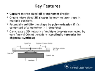 Key Features
•   Capture micron sized oil or monomer droplet
•   Create micro sized 3D shapes by moving laser traps in
    multiple positions.
•   Potentially solidify the shape by polymerisation if it’s
    comprised of a monomer (~ 1 drop/sec)
•   Can create a 3D network of multiple droplets connected by
    very fine (<100nm) threads -> nanofludic networks for
    chemical synthesis
 