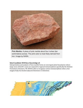 Ideal	Candidate	Will	Have	Knowledge	of:	
Interpretation	and	analysis	of	how	marble	forms	at	convergent	plate	boundaries	where	
large	areas	of	Earth's	crust	are	exposed	to	regional	metamorphism	specifically	the	Holston	
Formation	of	Eastern,	TN.	Will	be	able	to	recognize	contact	metamorphism	when	a	hot	
magma	body	has	heated	adjacent	limestone	or	dolostone.	
	
	
	
	
	
	
	
 