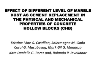 EFFECT OF DIFFERENT LEVEL OF MARBLE
DUST AS CEMENT REPLACEMENT IN
THE PHYSICAL AND MECHANICAL
PROPERTIES OF CONCRETE
HOLLOW BLOCKS (CHB)
Kristine Mae G. Castillon, Shiermagne M. Gańo
Carol G. Macabasag, Mark Gil G. Mendoza
Kate Danielle G. Perez and, Rolando P. Javellonar
 