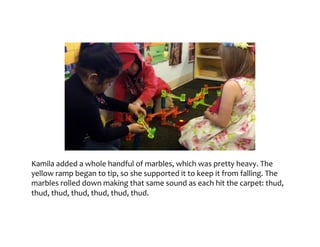 Kamila	added	a	whole	handful	of	marbles,	which	was	pretty	heavy.	The	yellow	ramp	
began	to	tip,	so	she	supported	it	to	keep	it	from	falling.	The	marbles	rolled	down	making	
that	same	sound	as	each	hit	the	carpet:	thud,	thud,	thud,	thud,	thud,	thud,	thud.
 