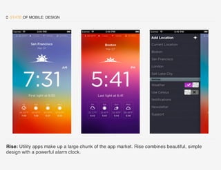  STATE OF MOBILE: DESIGN
Rise: Utility apps make up a large chunk of the app market. Rise combines beautiful, simple
desi...