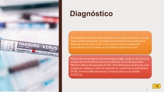 Diagnóstico
5
El diagnóstico se basa esencialmente en el decurso clínico y en los
datos epidemiológicos.Un diagnóstico específico se basa en el
aislamiento del virus o bien en la evidencia de la respuesta
inmunitaria y en la presencia de material genómico viral.
Para probar la presencia de anticuerpos (IgM y IgG) se recurre a un
ensayo de inmunofluorescencia indirecta, al uso de la prueba
Western blot o de la prueba ELISA. Para distinguir el genoma o los
antígenos virales se utiliza la reacción en cadena de la polimerasa
(PCR), la inmunofluorescencia, la histoquímica o la prueba
ELISA.[2]
 