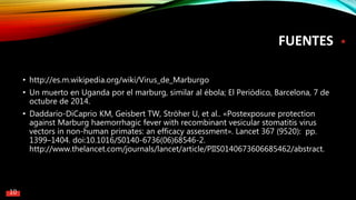 FUENTES
• http://es.m.wikipedia.org/wiki/Virus_de_Marburgo
• Un muerto en Uganda por el marburg, similar al ébola; El Periódico, Barcelona, 7 de
octubre de 2014.
• Daddario-DiCaprio KM, Geisbert TW, Ströher U, et al.. «Postexposure protection
against Marburg haemorrhagic fever with recombinant vesicular stomatitis virus
vectors in non-human primates: an efficacy assessment». Lancet 367 (9520): pp.
1399–1404. doi:10.1016/S0140-6736(06)68546-2.
http://www.thelancet.com/journals/lancet/article/PIIS0140673606685462/abstract.
10
 