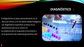 DIAGNÓSTICO
El diagnóstico se basa esencialmente en el
decurso clínico y en los datos epidemiológicos.
Un diagnóstico específico se basa en el
aislamiento del virus o bien en
la evidencia de la respuesta inmunitaria y
en la presencia de material genómico viral.
7
 