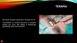 TERAPIA
No existe terapia específica. Aunque en la
actualidad no existen vacunas o terapias
contra los virus del Ébola o Marburgo
aprobadas para uso humano.
8
 