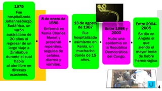 1975
Fue
hospitalizado
Johannesburgo,
Sudáfrica, un
varón
australiano de
20 años al
regresar de un
largo viaje a
Zimbabue
durante el cual
había
al aire libre en
diversas
ocasiones.
8 de enero de
1980
Enfermó en
Kenia Charles
Monet y
presentó
repentina,
seguida de
cefalea,
diarrea y
vómitos.
13 de agosto
de 1987
Fue
hospitalizado
asimismo en
Kenia, un
muchacho
danés de 15
años.
Entre 1998 y
2000
Hubo una
epidemia en
la República
Democrática
del Congo.
Entre 2004-
2005
Se dio en
Angola el
que
siendo el
mayor brote
de fiebre
hemorrágica
4
 