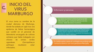 INICIO DEL
VIRUS
MARBURGO
Enfermaron 37 personas.
25 casos ocurrieron entre el personal del
laboratorio, por contacto directo con los
monos. Siete de estos murieron.
Otros casos fueron dos médicos (infectados al pincharse
accidentalmente con las jeringuillas que utilizaron para
extraer sangre a miembros enfermos del personal del
laboratorio), una enfermera, un ayudante de autopsias y la
esposa de un médico veterinario.
En todos estos casos el contagio se produjo por
contacto directo con una persona infectada.
El virus toma su nombre de la
ciudad alemana de Marburgo,
donde fue aislado en 1967 tras una
epidemia de fiebre hemorrágica
que cundió en el personal de
laboratorio encargado de cultivos
celulares que había trabajado con
riñones de simios verdes
ugandeses (Cercopithecus
aethiops) resultaron estar
infectados.
3
 
