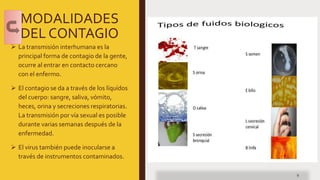 MODALIDADES
DEL CONTAGIO
 La transmisión interhumana es la
principal forma de contagio de la gente,
ocurre al entrar en contacto cercano
con el enfermo.
 El contagio se da a través de los líquídos
del cuerpo: sangre, saliva, vómito,
heces, orina y secreciones respiratorias.
La transmisión por vía sexual es posible
durante varias semanas después de la
enfermedad.
 El virus también puede inocularse a
través de instrumentos contaminados.
9
 