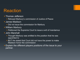 Reaction
 Thomas Jefferson
 Refused Marbury’s commission of Justice of Peace

 James Madison
 Did not issue the commission for Marbury

 William Marbury
 Petitioned the Supreme Court to issue a writ of mandamus

 John Marshall
 Thought Marbury was entitled to the position that he was
appointed to
 BUT He stated that Court did not have the power to make
Madison honor the commission

 Explain the different players positions of the issue to your
partner.

 