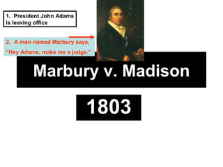 1. President John Adams
is leaving office
2. A man named Marbury says,
“Hey Adams, make me a judge.”

Marbury v. Madison

1803

 