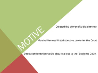M
OTIVE
Direct confrontation would ensure a loss to the Supreme Court
Created the power of judicial review
Marshall formed first distinctive power for the Court
 