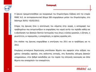 Εισαγωγή


    Η έρευνα πραγματοποιήθηκε για λογαριασμό του Επιμελητήριου Εύβοιας από την εταιρία
    MARC A.E. σε αντιπροσωπευτικό δείγμα 500 επιχειρήσεων μελών του Επιμελητηρίου, στο
    διάστημα 30/01/ -02/02/2012.

    Στόχος της έρευνας ήταν η αποτύπωση του κλίματος στην αγορά, η καταγραφή των
    προβλημάτων που αντιμετωπίζουν οι επιχειρήσεις του νομού αυτήν την περίοδο καθώς και
    η αξιολόγηση των βασικών δεικτών λειτουργίας τους όπως ο κύκλος εργασιών, η ζήτηση, η
    ρευστότητα, οι παραγγελίες, η απασχόληση, οι σχέσεις εργασίας κλπ.

    Στο πλαίσιο της έρευνας επιχειρήθηκε η αποτίμηση του 2011 και οι προβλέψεις για το
    2012.

    Επιμέρους αντικείμενα διερεύνησης αποτέλεσαν θέματα που αφορούν στην αύξηση του
    χρόνου είσπραξης οφειλών, στις ακάλυπτες επιταγές, στις δυσκολίες κάλυψης βασικών
    υποχρεώσεων, στον βαθμό αισιοδοξίας για την πορεία της ελληνικής οικονομίας και άλλα
    θέματα που απασχολούν την επικαιρότητα.



6                                                                        maRc A.E.
 