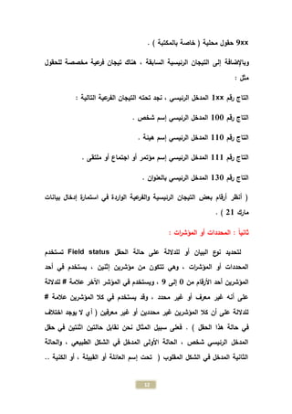 12
9xx. ) ‫بالمكتبة‬ ‫خاصة‬ ( ‫محلية‬ ‫حقول‬
‫إلى‬ ‫وباإلضافة‬‫للحقول‬ ‫مخصصة‬ ‫عية‬‫فر‬ ‫تيجان‬ ‫هناك‬ ، ‫السابقة‬ ‫الرئيسية‬ ‫التيجان‬
: ‫مثل‬
‫رقم‬ ‫التاج‬1xx: ‫التالية‬ ‫عية‬‫الفر‬ ‫التيجان‬ ‫تحته‬ ‫نجد‬ ، ‫الرئيسي‬ ‫المدخل‬
‫رقم‬ ‫التاج‬100. ‫شخص‬ ‫إسم‬ ‫الرئيسي‬ ‫المدخل‬
‫رقم‬ ‫التاج‬110. ‫هيئة‬ ‫إسم‬ ‫الرئيسي‬ ‫المدخل‬
‫رقم‬ ‫التاج‬111‫اج‬ ‫أو‬ ‫مؤتمر‬ ‫إسم‬ ‫الرئيسي‬ ‫المدخل‬. ‫ملتقى‬ ‫أو‬ ‫تماع‬
‫رقم‬ ‫التاج‬130. ‫ان‬‫و‬‫بالعن‬ ‫الرئيسي‬ ‫المدخل‬
‫بيانات‬ ‫إدخال‬ ‫ة‬‫ر‬‫استما‬ ‫في‬ ‫اردة‬‫و‬‫ال‬ ‫عية‬‫الفر‬‫و‬ ‫الرئيسية‬ ‫التيجان‬ ‫بعض‬ ‫أرقام‬ ‫أنظر‬ (
‫مارك‬21. )
: ‫ات‬‫ر‬‫المؤش‬ ‫أو‬ ‫المحددات‬ : ً‫ا‬‫ثاني‬
‫أو‬ ‫البيان‬ ‫ع‬‫نو‬ ‫لتحديد‬‫على‬ ‫للداللة‬‫الحقل‬ ‫حالة‬Field status‫تستخدم‬
‫إثنين‬ ‫مؤشرين‬ ‫من‬ ‫تتكون‬ ‫وهي‬ ، ‫ات‬‫ر‬‫المؤش‬ ‫أو‬ ‫المحددات‬،‫أحد‬ ‫في‬ ‫يستخدم‬
‫من‬ ‫األرقام‬ ‫أحد‬ ‫المؤشرين‬0‫إلى‬9‫للداللة‬ # ‫عالمة‬ ‫اآلخر‬ ‫المؤشر‬ ‫في‬ ‫ويستخدم‬ ،
# ‫عالمة‬ ‫المؤشرين‬ ‫كال‬ ‫في‬ ‫يستخدم‬ ‫وقد‬ ، ‫محدد‬ ‫غير‬ ‫أو‬ ‫معرف‬ ‫غير‬ ‫أنه‬ ‫على‬
‫غ‬ ‫أو‬ ‫محددين‬ ‫غير‬ ‫المؤشرين‬ ‫كال‬ ‫أن‬ ‫على‬ ‫للداللة‬‫اختالف‬ ‫يوجد‬ ‫ال‬ ‫أي‬ ( ‫معرفين‬ ‫ير‬
. ) ‫الحقل‬ ‫هذا‬ ‫حالة‬ ‫في‬‫حقل‬ ‫في‬ ‫اثنتين‬ ‫حالتين‬ ‫نقابل‬ ‫نحن‬ ‫المثال‬ ‫سبيل‬ ‫فعلى‬
‫الحالة‬‫و‬ ، ‫الطبيعي‬ ‫الشكل‬ ‫في‬ ‫المدخل‬ ‫األولى‬ ‫الحالة‬ ، ‫شخص‬ ‫الرئيسي‬ ‫المدخل‬
.. ‫الكنية‬ ‫أو‬ ، ‫القبيلة‬ ‫أو‬ ‫العائلة‬ ‫إسم‬ ‫تحت‬ ( ‫المقلوب‬ ‫الشكل‬ ‫في‬ ‫المدخل‬ ‫الثانية‬
 