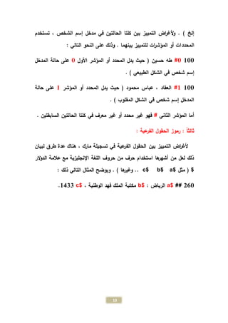 13
‫أل‬‫و‬ . ) ‫إلخ‬‫تستخدم‬ ، ‫الشخص‬ ‫إسم‬ ‫مدخل‬ ‫في‬ ‫الحالتين‬ ‫كلتا‬ ‫بين‬ ‫التمييز‬ ‫اض‬‫ر‬‫غ‬
‫المحدد‬: ‫التالي‬ ‫النحو‬ ‫على‬ ‫وذلك‬ . ‫بينهما‬ ‫للتمييز‬ ‫ات‬‫ر‬‫المؤش‬ ‫أو‬ ‫ات‬
100#0‫المؤشر‬ ‫أو‬ ‫المحدد‬ ‫يدل‬ ‫حيث‬ ( ‫حسين‬ ‫طه‬‫األول‬0‫المدخل‬ ‫حالة‬ ‫على‬
‫شخص‬ ‫إسم‬. ) ‫الطبيعي‬ ‫الشكل‬ ‫في‬
100#1‫عباس‬ ، ‫العقاد‬‫المؤشر‬ ‫أو‬ ‫المحدد‬ ‫يدل‬ ‫حيث‬ ( ‫محمود‬1‫حالة‬ ‫على‬
. ) ‫المقلوب‬ ‫الشكل‬ ‫في‬ ‫شخص‬ ‫إسم‬ ‫المدخل‬
‫الثاني‬ ‫المؤشر‬ ‫أما‬#. ‫السابقتين‬ ‫الحالتين‬ ‫كلتا‬ ‫في‬ ‫معرف‬ ‫غير‬ ‫أو‬ ‫محدد‬ ‫غير‬ ‫فهو‬
: ‫عية‬‫الفر‬ ‫الحقول‬ ‫رموز‬ : ً‫ا‬‫ثالث‬
‫التمييز‬ ‫اض‬‫ر‬‫ألغ‬‫بين‬، ‫مارك‬ ‫تسجيلة‬ ‫في‬ ‫عية‬‫الفر‬ ‫الحقول‬‫طرق‬ ‫عدة‬ ‫هناك‬‫لبيان‬
‫الر‬‫و‬‫الد‬ ‫عالمة‬ ‫مع‬ ‫اإلنجليزية‬ ‫اللغة‬ ‫حروف‬ ‫من‬ ‫حرف‬ ‫استخدام‬ ‫ها‬‫أشهر‬ ‫من‬ ‫لعل‬ ‫ذلك‬
$$ ‫مثل‬ (a$b$c. ) ‫ها‬‫وغير‬ ..: ‫ذلك‬ ‫التالي‬ ‫المثال‬ ‫ويوضح‬
260##$a: ‫الرياض‬$b، ‫الوطنية‬ ‫فهد‬ ‫الملك‬ ‫مكتبة‬$c1433.
 