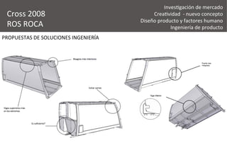 PROPUESTAS	
  DE	
  SOLUCIONES	
  INGENIERÍA	
  
Cross	
  2008	
  
ROS	
  ROCA	
  
Inves&gación	
  de	
  mercado	
  
Crea&vidad	
  	
  -­‐	
  nuevo	
  concepto	
  
Diseño	
  producto	
  y	
  factores	
  humano	
  
Ingeniería	
  de	
  producto	
  
 