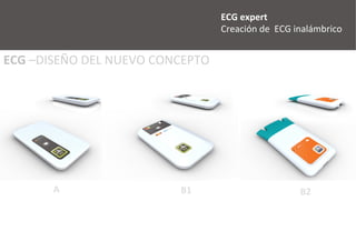 ECG	
  –DISEÑO	
  DEL	
  NUEVO	
  CONCEPTO	
  
B2	
  B1	
  A	
  
ECG	
  expert	
  	
  
Custom	
  Electronics,	
  	
  
Hospital	
  Clínic	
  
	
  
Investigación mercado
Concepto de producto
Diseño de producto
UX, UI, diseño interfaz
Ingeniería y prototipo
 