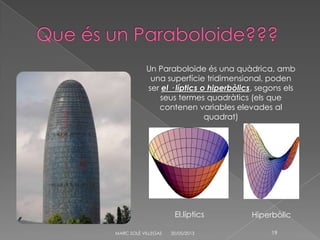 20/05/2013MARC SOLÉ VILLEGAS 19
Un Paraboloide és una quàdrica, amb
una superfície tridimensional, poden
ser el · líptics o hiperbòlics, segons els
seus termes quadràtics (els que
contenen variables elevades al
quadrat)
HiperbòlicEl.líptics
 