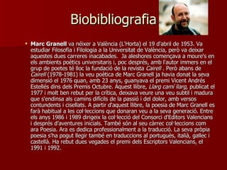 Biobibliografia Marc Granell  va néixer a València (L'Horta) el 19 d'abril de 1953. Va estudiar Filosofia i Filologia a la Universitat de València, però va deixar aquestes dues carreres inacabades.  Ja aleshores començava a moure's en els ambients poètics universitaris i, poc després, amb l'autor immers en el grup de poetes té lloc la fundació de la revista  Cairell  . Però abans de  Cairell  (1978-1981) la veu poètica de Marc Granell ja havia donat la seva dimensió el 1976 quan, amb 23 anys, guanyava el premi Vicent Andrés Estellés dins dels Premis Octubre. Aquest llibre,  Llarg camí llarg , publicat el 1977 i molt ben rebut per la crítica, deixava veure una veu subtil i madura que s'endinsa als camins difícils de la passió i del dolor, amb versos contundents i cisellats. A partir d'aquest llibre, la poesia de Marc Granell es farà habitual a les col·leccions que donaran veu a la seva generació. Entre els anys 1986 i 1989 dirigeix la col·lecció del Consorci d'Editors Valencians i després d’aventures inicials. També són al seu càrrec col·leccions com ara Poesia. Ara es dedica professionalment a la traducció. La seva pròpia poesia s'ha pogut llegir també en traduccions al portuguès, italià, gallec i castellà. Ha rebut dues vegades el premi dels Escriptors Valencians, el 1991 i 1992.  