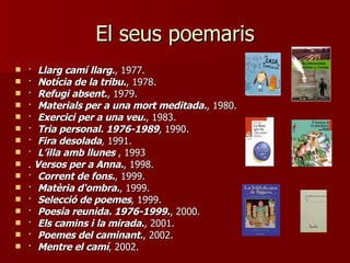El seus poemaris ·  Llarg camí llarg. , 1977.  ·  Notícia de la tribu. , 1978.  ·  Refugi absent. , 1979.  ·  Materials per a una mort meditada. , 1980.  ·  Exercici per a una veu. , 1983.  ·  Tria personal. 1976-1989 , 1990.  ·  Fira desolada , 1991.  ·  L’illa amb llunes  , 1993 .  Versos per a Anna. , 1998.  ·  Corrent de fons. , 1999.  ·  Matèria d'ombra. , 1999.  ·  Selecció de poemes , 1999.  ·  Poesia reunida. 1976-1999. , 2000.  ·  Els camins i la mirada. , 2001.  ·  Poemes del caminant. , 2002.  ·  Mentre el camí , 2002.  